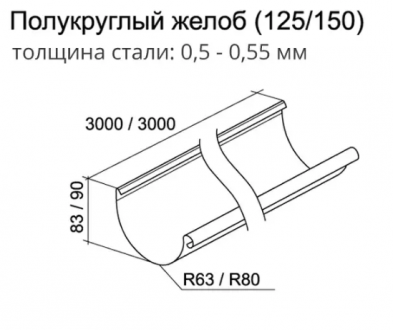 Желоб водосточный полукруглый 125 мм 3 м 0,55  (Grand Line 125/90)